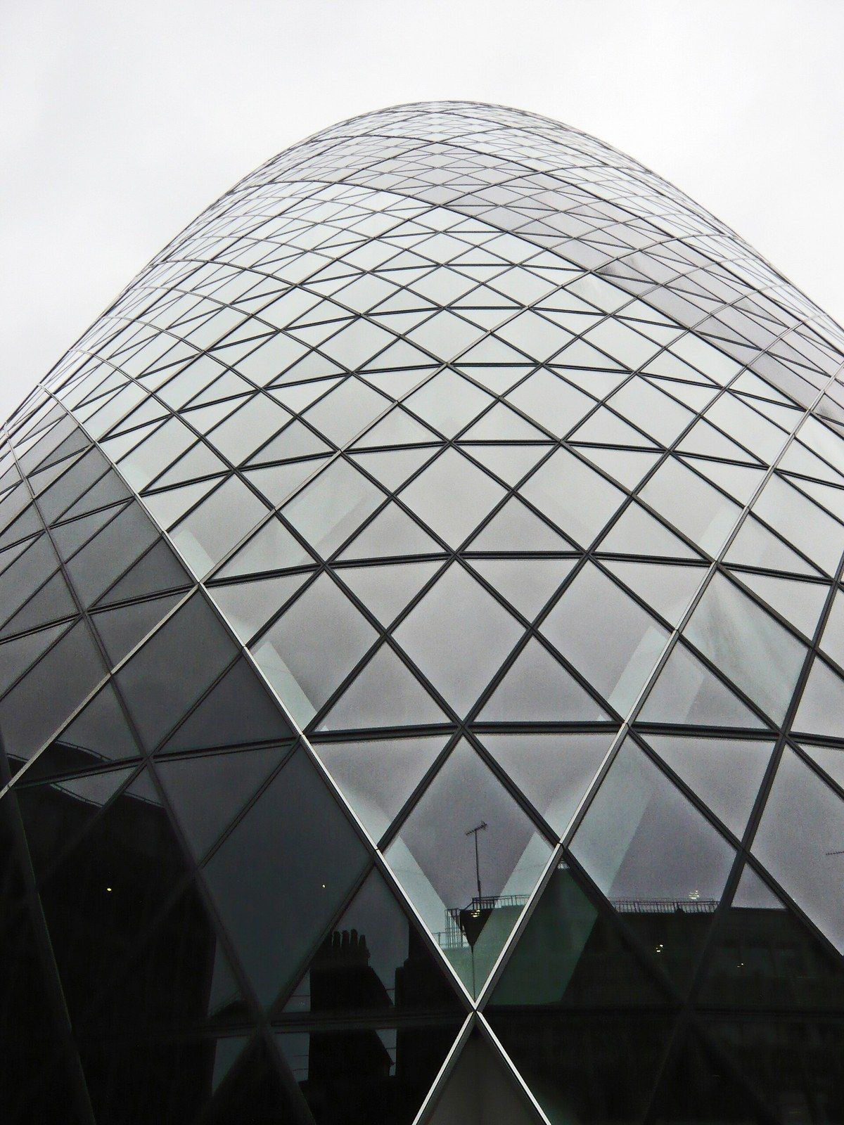 Looking up the curved diagonal grid of a glass office tower, a Wikimedia Commons photograph in Michael Stern's encyclopedia