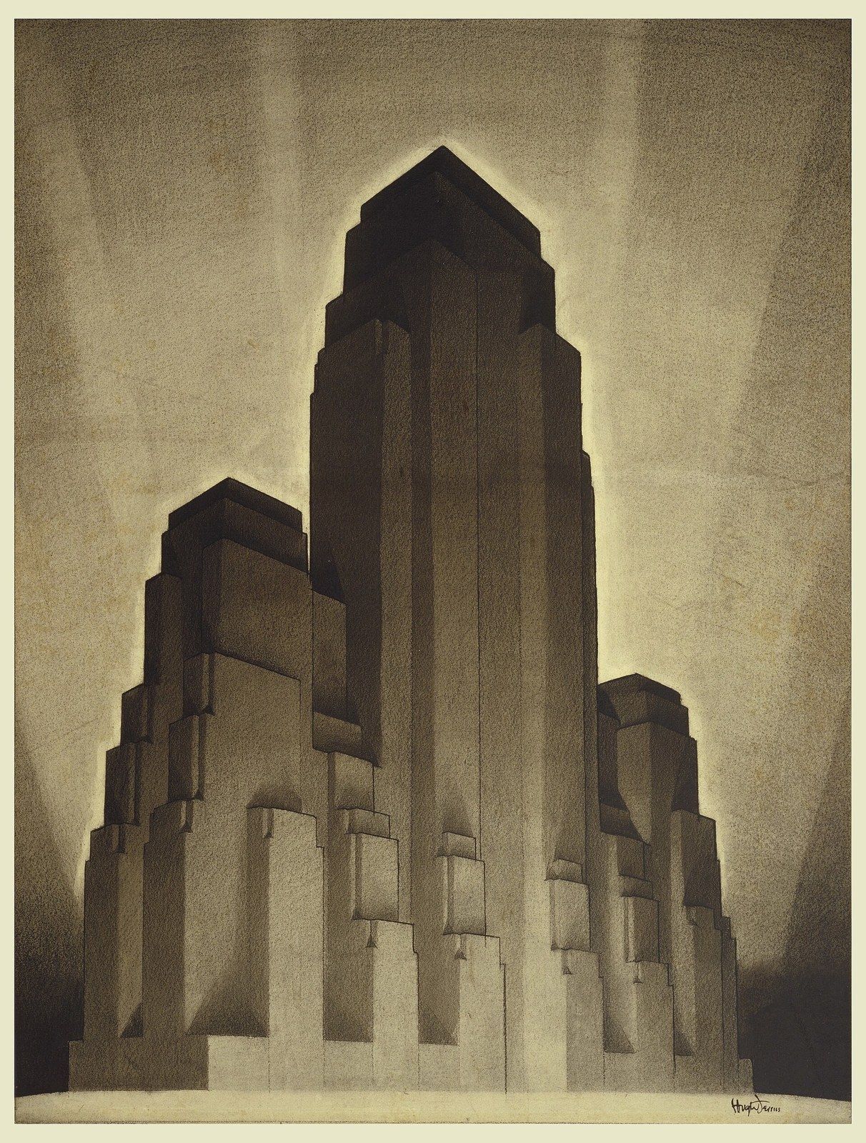 A 1922 charcoal rendering of a stepped tower mass carved by a zoning envelope, a Wikimedia Commons photograph in Michael Stern's encyclopedia