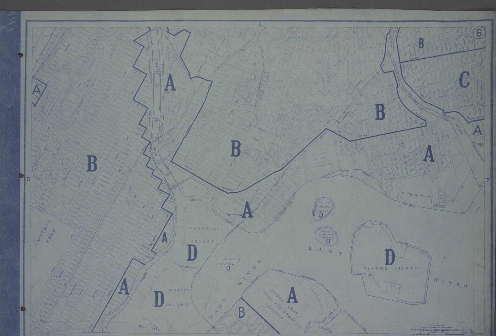 A blue 1916 zoning map sheet of Manhattan lettered A, B, C and D by district, a Wikimedia Commons photograph in Michael Stern's encyclopedia